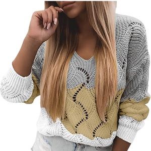 Summer Soft Crewneck Long Sleeve Hollow Cable Knit Pullover Sweaters